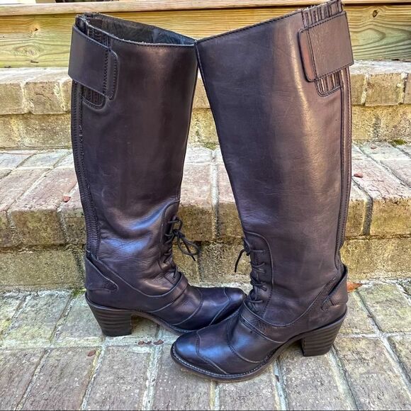 Frye Leather Sandra Tall Black Lace Up Riding/ Moto Boot 6M - Picture 1 of 10